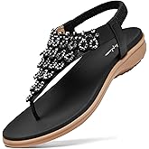 Littleplum Womens Sandals Arch Support Slingback Rhinestone Dressy Sandals Comfort Summer Shoes Ankle Strap Elastic Flats for Beach Walking
