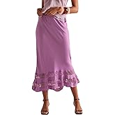 Women Lace Trim Satin Long Skirt Asymmetrical Silk Lace Skirt Elegant Elastic Waist Flowy A Line Midi Underskirt