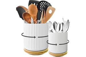 Sameme Utensil Holder, 360° Rotating Kitchen Utensil Holder for Countertop,6.9"+5.3" Modern Large Spatula Holder, Kitchen Utensil Organizer for Farmhouse,White Ceramic Utensil Crock,Set of 2