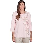 Alfred Dunner Women's Coming up Roses Asymmetric Floral Embroidery Top