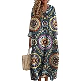 Women's Boho Floral Long Sleeve Beach Vacation Midi Dresses, Plus Size Casual Tunic Flowy V Neck Comfy Cruise Dress for Women