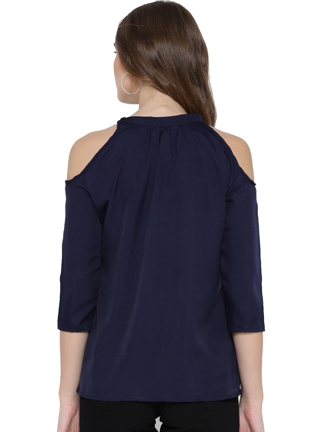 amayra women's rayon navy blue cold shoulder solid top