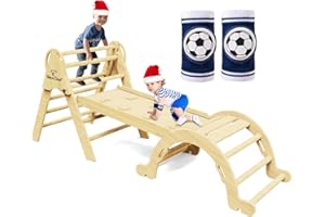 Doerpuz Pikler Triangle Set 7 in 1,Foldable Baby Climbing Toys Wooden,Toddler Climbing Toys Indoor,Climbing Toys for Toddlers 1-3,with Ramp, Arch and Ladder(Nature Wood)