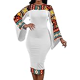 Oxgmoky Women's African Print Dress Work Business Bodycon Long Sleeve Round Neck Pencil Dresses