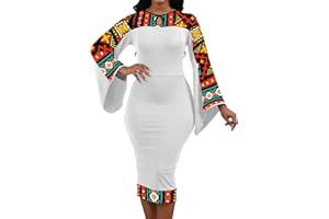 Oxgmoky Women's African Print Dress Work Business Bodycon Long Sleeve Round Neck Pencil Dresses