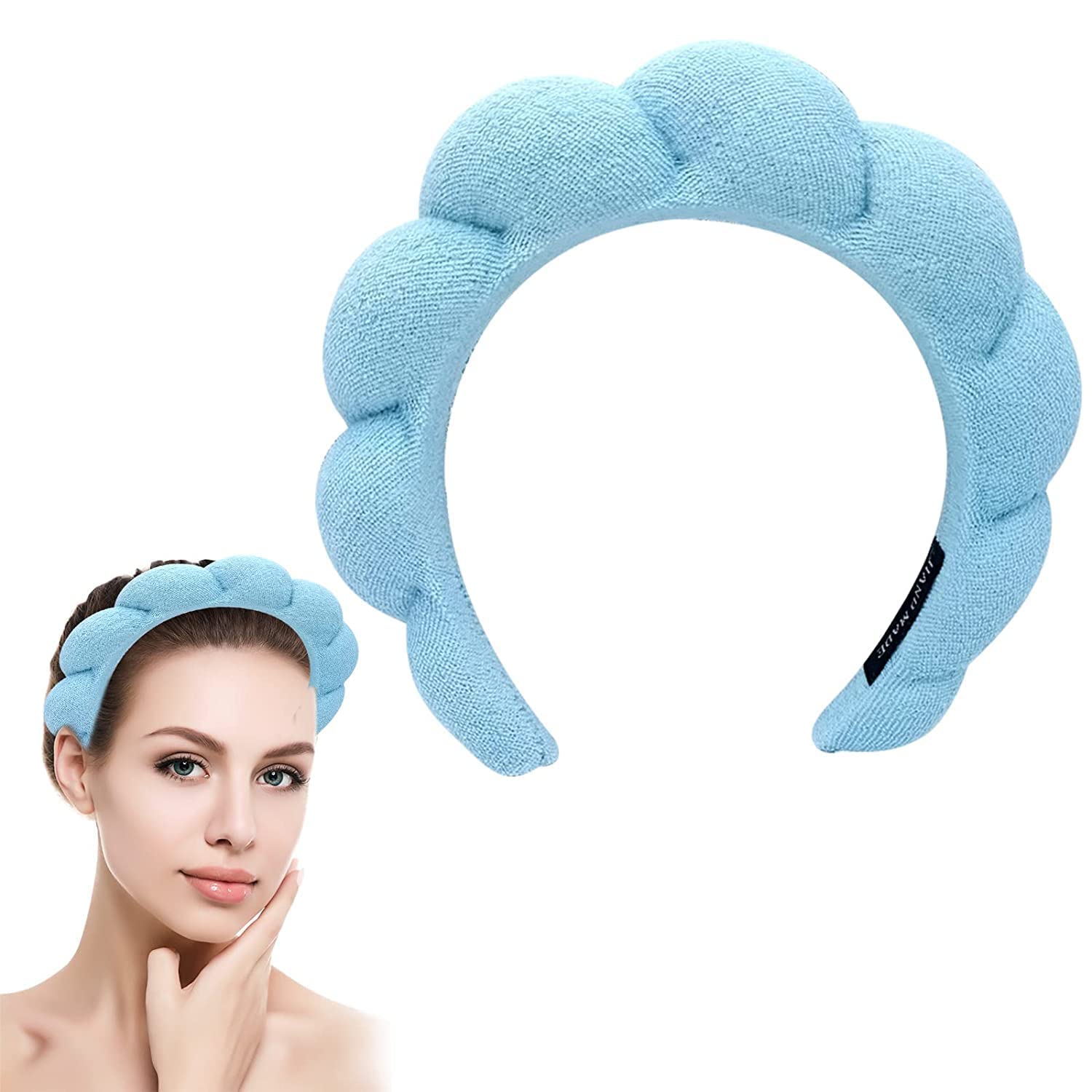 Spa Headband, Puffy Sponge Head Band Skincare Makeup Headbands for Washing Face, Facial Mask, Skin Care Shower Makeup Removal Women Girls Hair Accessories (Blue)