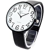 Black Super Large Face Flat Stretch Band Easy to Read Watch