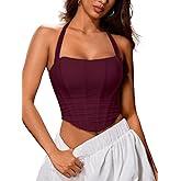 ChiaoLezhee Women's Halter Mesh Corset Crop Top, Ruched Asymmetrical Hem, Boned Lace-Up Bustier for Going Out Fit Sizes 00-14