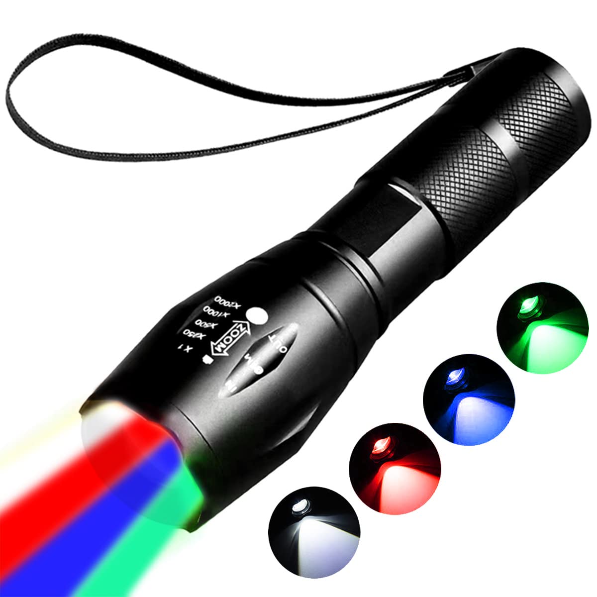 YZYOE Rechargeable Red Light Flashlight, Green and Blue Lights for Hunting, 4 Modes