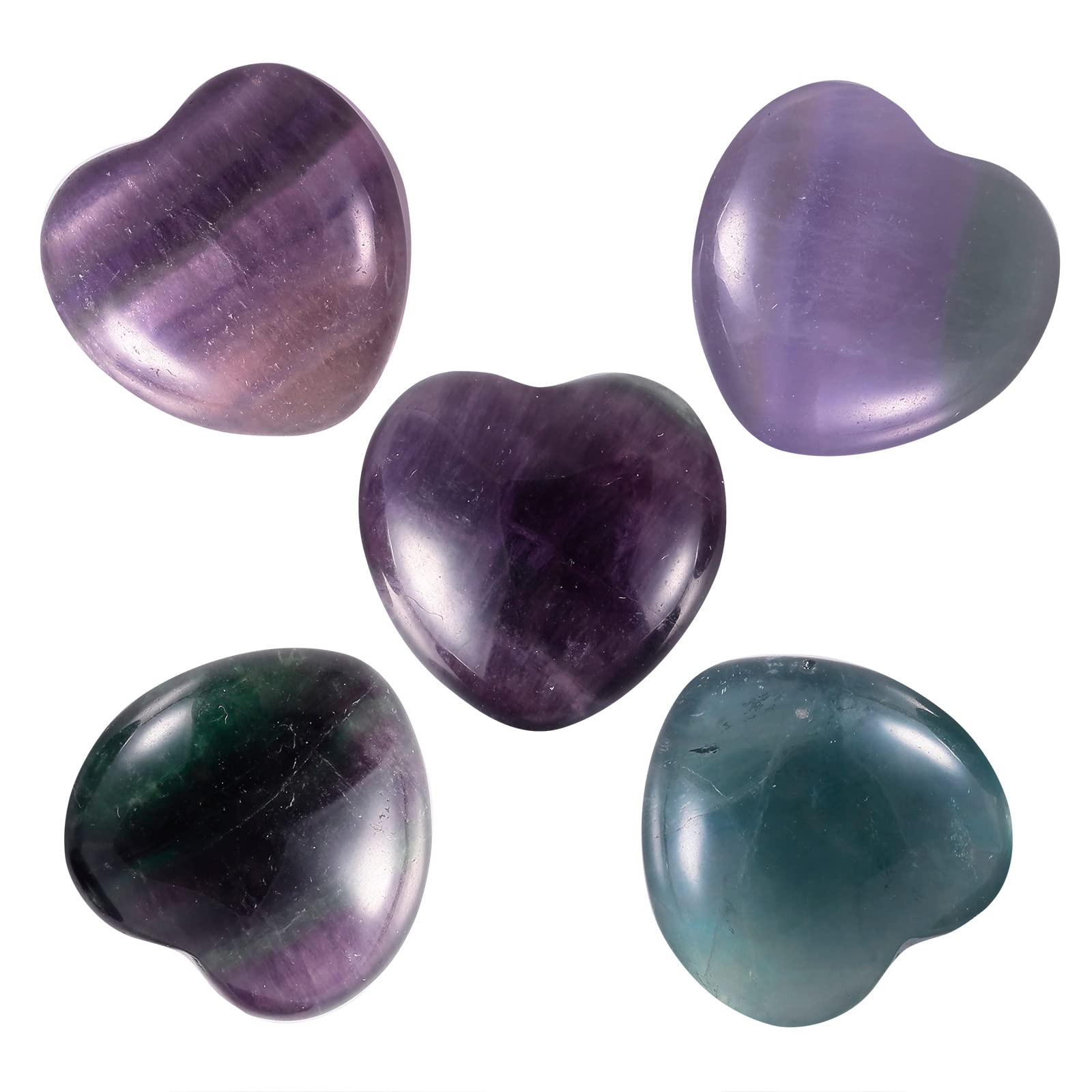 Nupuyai 5pcs Fluorite Crystal Heart Love Palm Worry Stone for Chakra Reiki Healing, Carved Stone for Home Decoration 2.5cm — image 1