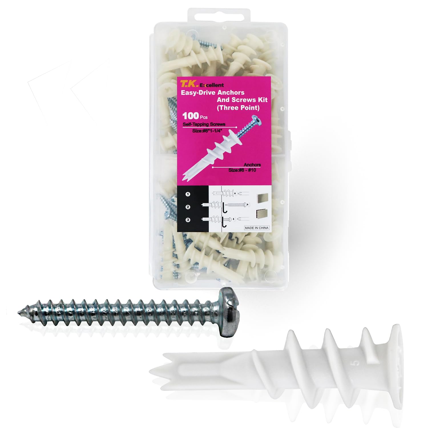 T.K.Excellent Nylon Self Drilling Plasterboard Fixings Easy-Drive Anchors and Screws Kit 100 PCS