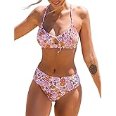 CUPSHE Women's Bikini Set Two Piece Bathing Suits Scoop Neck Crisscross Back Self Tie Mid Waisted Bottom Floral Cut Out
