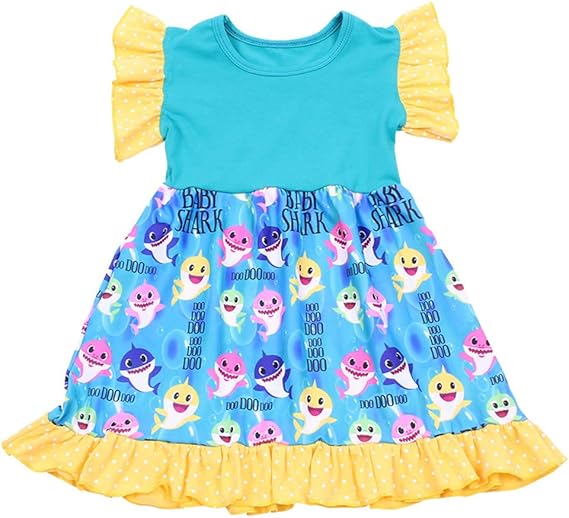Baby Girls Dress Colorful Baby Shark Print Sleeveless Blue