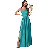 Fukbdz Satin Square Neck Bridesmaid Dresses for Women Elegant A-Line Spaghetti Straps Pleated with Slit Long Prom Gown