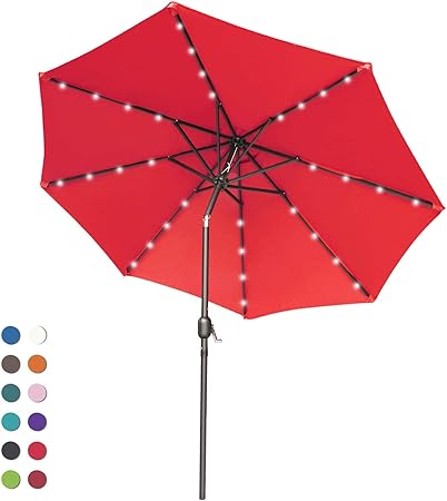 Amazon Com Abccanopy 9ft Patio Umbrella Ourdoor Solar Umbrella Led Umbrellas With 32led Lights Tilt And Crank Table Umbrellas For Garden Deck Backyard And Pool 12 Colors Red Garden Outdoor