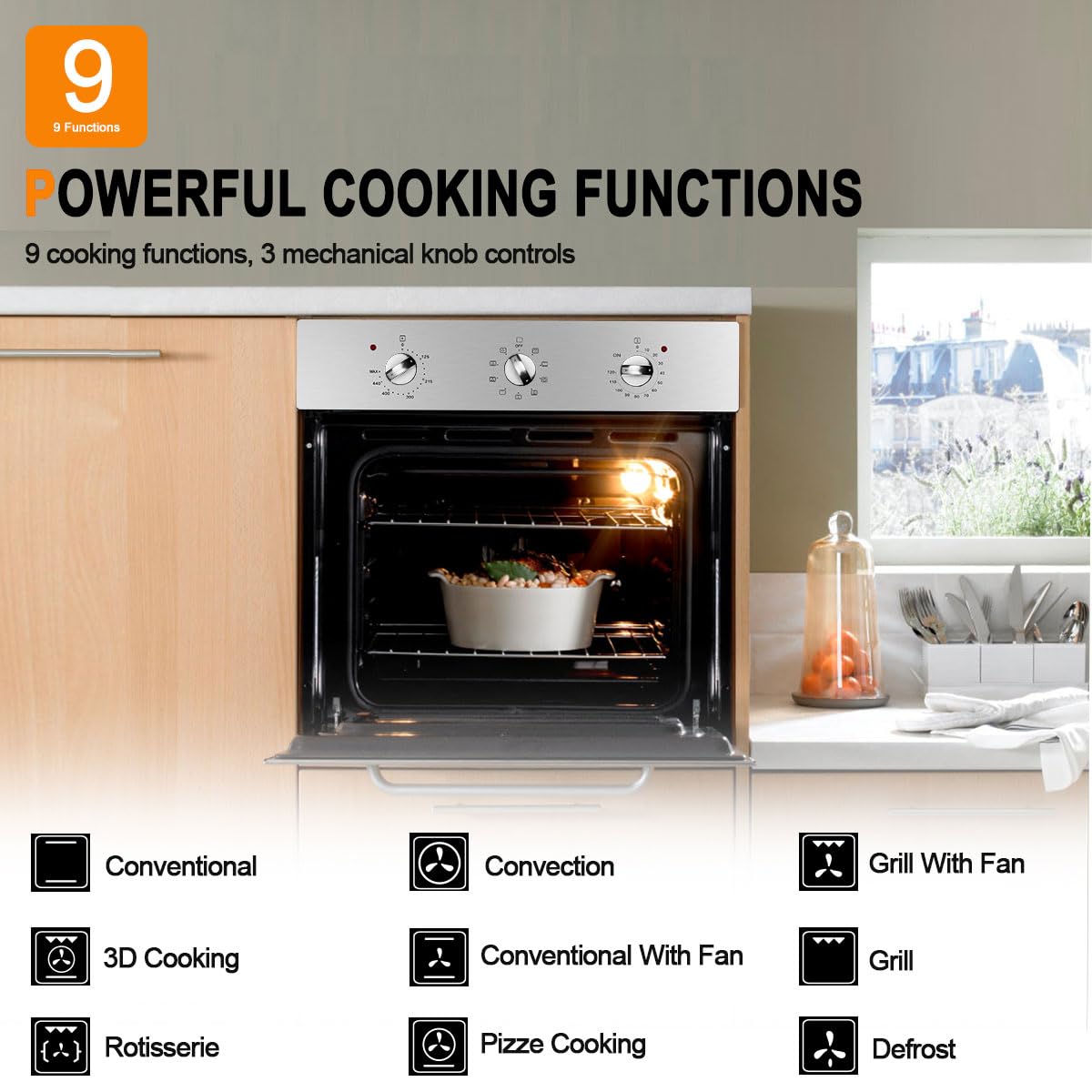 Electric Wall Ovens 24 Inch, GASLAND ES609MS Built-in Electric Wall Oven, 240V 3200W 2.3Cu.ft Convection Oven with Rotisserie, 9 Cooking Modes, Mechanical Knob Control, Stainless Steel
