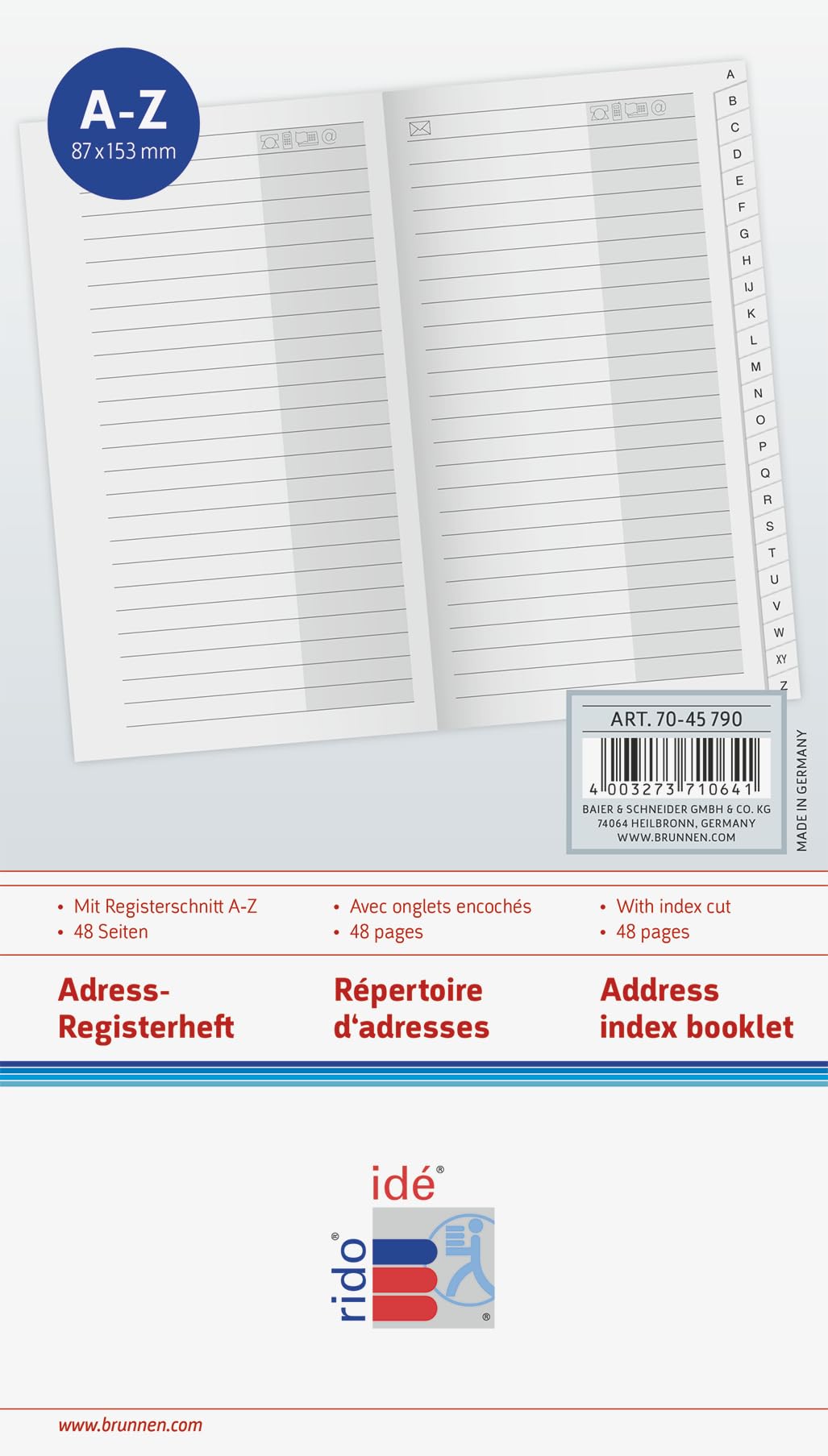 rido/Idé (7045790) Address Index Book for Pocket Calendar/Planner Calendar/View Calendar 87 x 153 mm Cardboard Envelope)