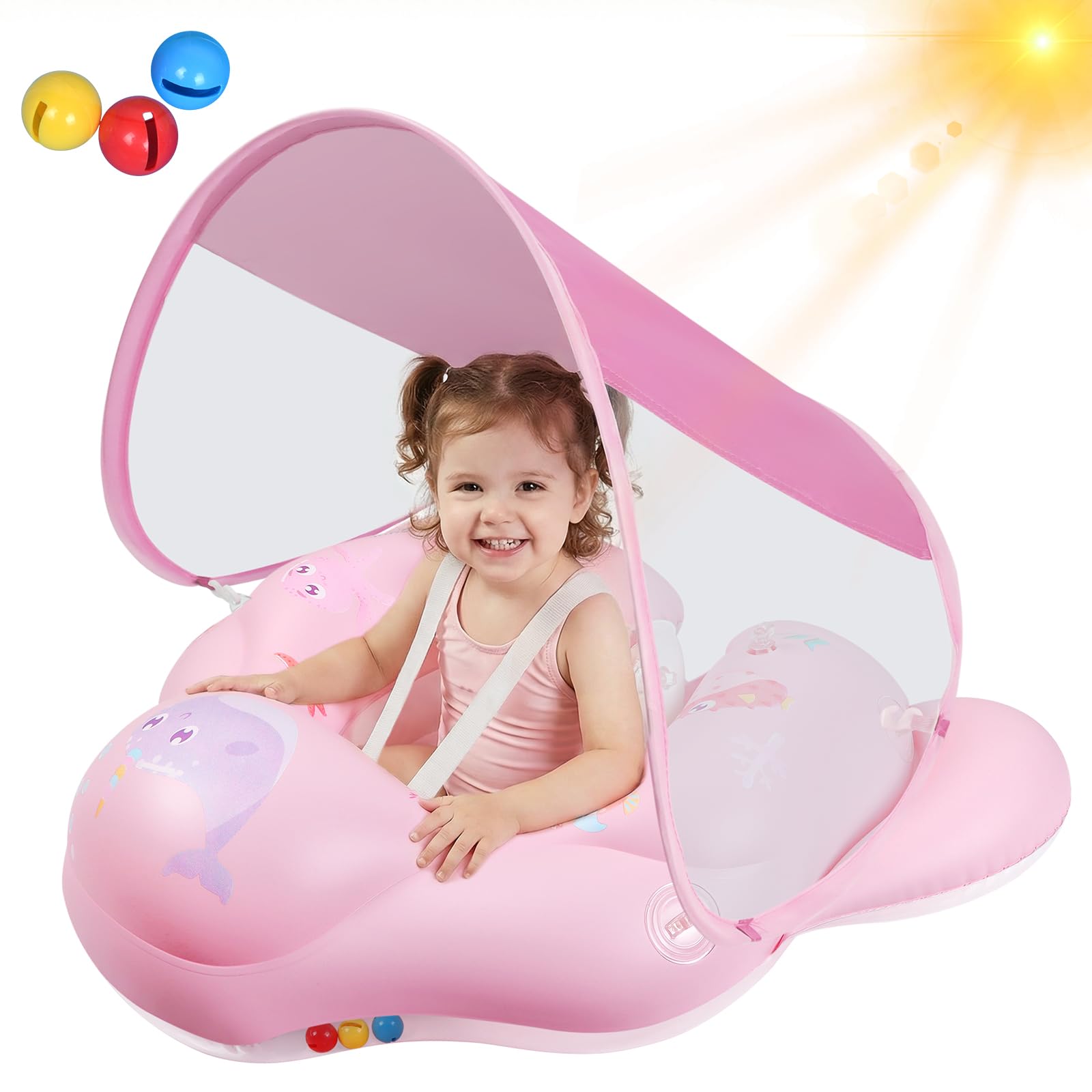 Oziral Baby Swimming Ring with Removable UPF50+ Sun Canopy and Bell, Baby Swimming Float, Toddler Swimming Ring,Tail Wing with Dual Air Bags Baby Float Swim Seat Safe and Fun Pool Float,Solid Pink