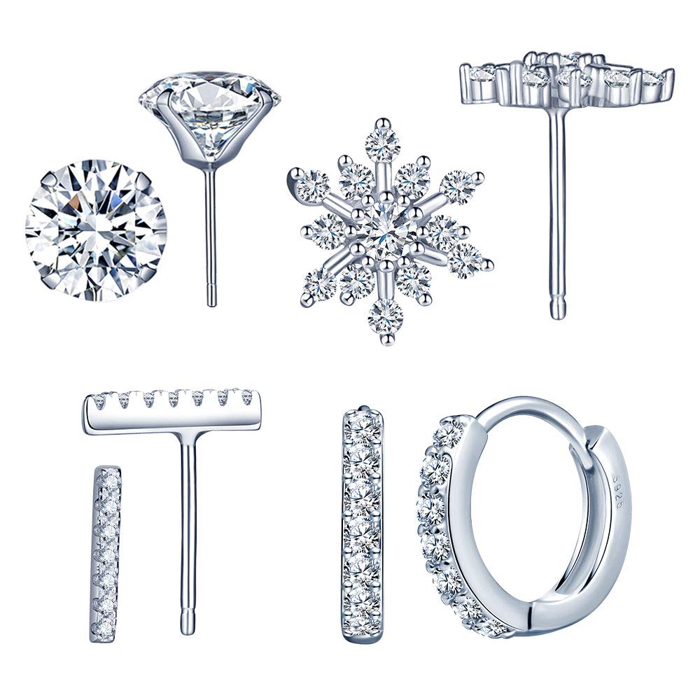 925 Sterling Silver Snowflake Cubic Zirconia Stud Earring Crystal Stud Hoop Earrings for Girls Women