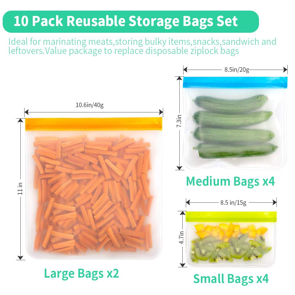 Reusable Sandwich & Snacks Bags, 10 Pack Ziplock Lunch Bags BPA-FREE PEVA Leakproof Washable Freezer Bags Silicone Food Storage Bags