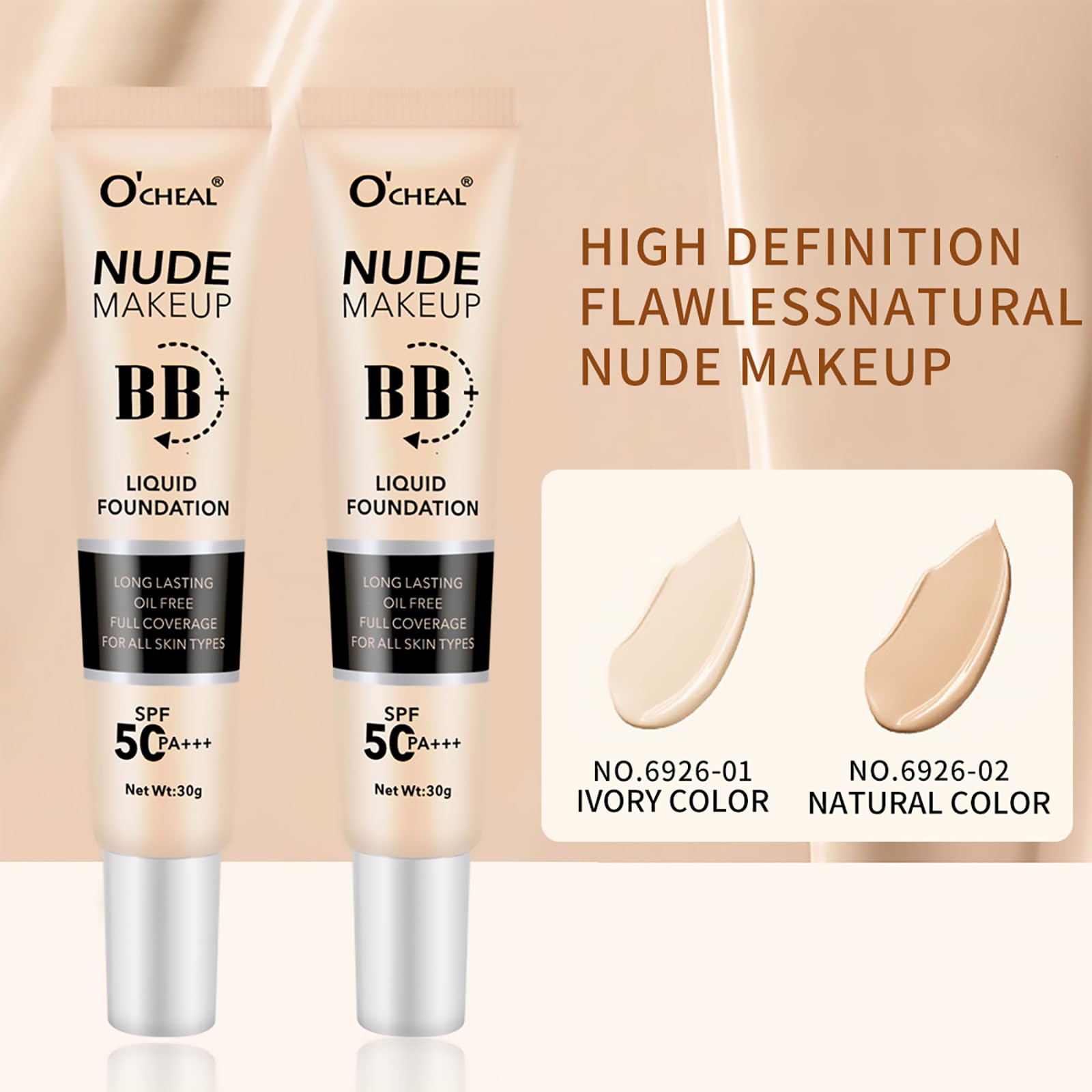 O'CHEAL BB Cream with SPF 50+ | Full Coverage Tinted Moisturizer with Buildable Concealer Powder Foundation, Oil-Free, Hydrating & Matte Finish | Vegan, Cruelty-Free, for All Skin Types(Natural)
