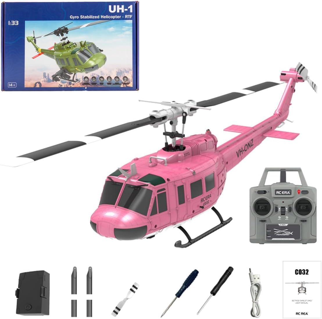 Photo 1 of NBJIALIN RC ERA C032 UH-1 Huey Helicopter - Remote Control Helicopters for Adult, 1/48 Sacle 2.4G 6CH Gyro Stabilized Aircraft with Altitude Hold & Optical Flow,3D Stunt Drone (Pink)