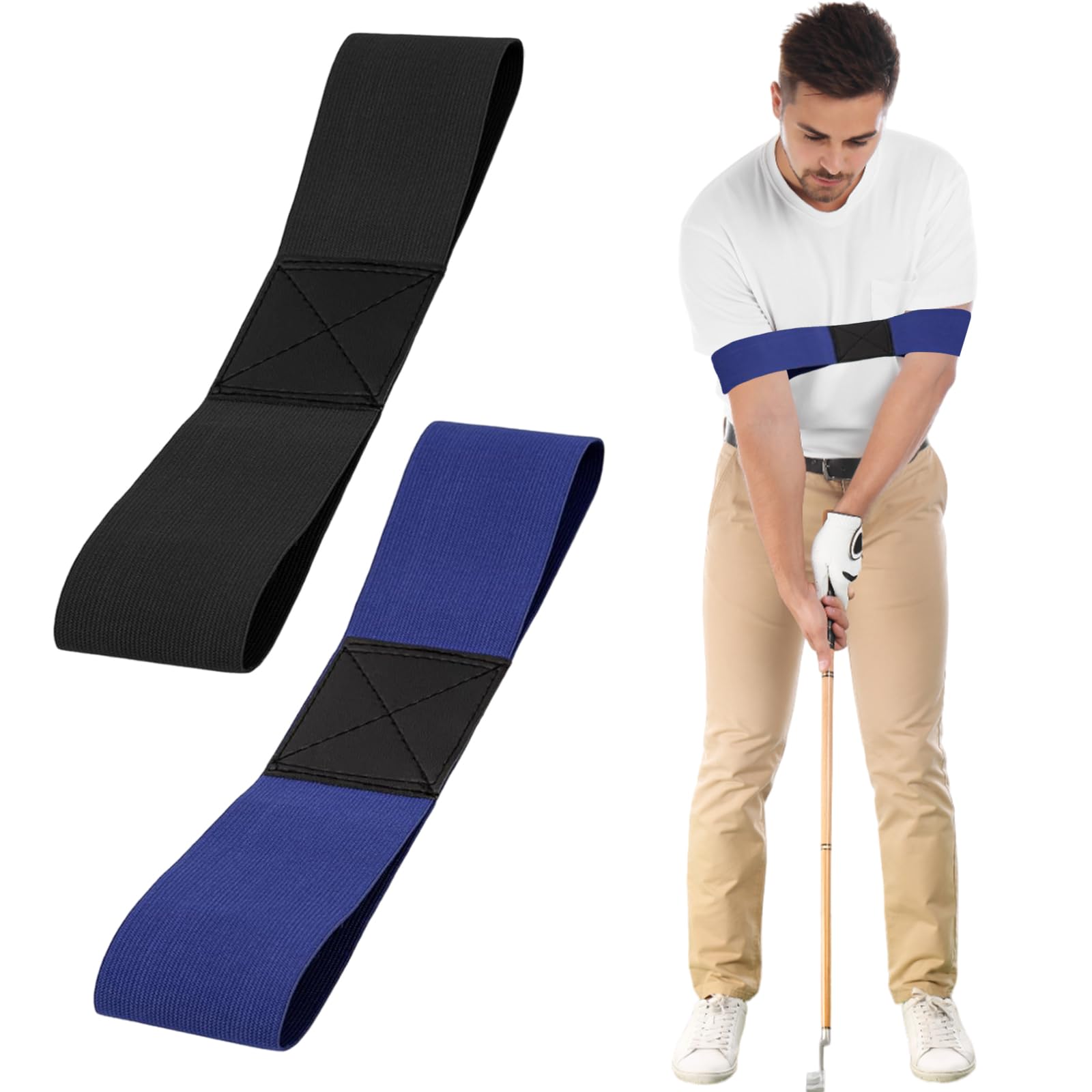FUIPVGI 2 Pcs Golf Swing Trainer Aid, Beginner Swing Alignment Corrector Golf Swing Training Aid Arm Band, Posture Correction Belt for Men Women Kids Golfer Beginners (Black,Blue)