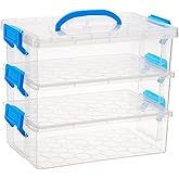 JUXYES 3-Tiers Stack Carry Storage Box with Blue Handle, Transparent Stackable Storage Bin With Handle Lid Latching Storage Container for School & Office Supplies, Internal Size 20x12.5x6cm