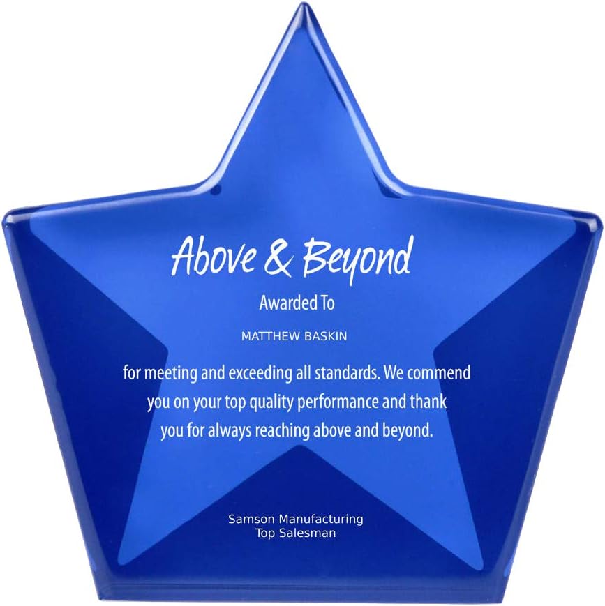 Engraved Trophy - Blue Acrylic- Star Shape Award for Employees - Personalized Engraving Up To Three Lines and Pre-Written Verse Selection - Comes In Gift Box: Office Products