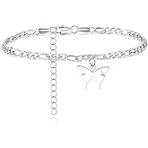TONY & SANDY Ankle Bracelets for Women - Initial Butterfly Anklet for Women Stainless Steel Figaro Chain Summer Beach Waterproof Foot Jewelry Gifts, Gold/Silver