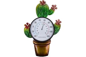 Vewogift 14.6'' Cactus Potted Outdoor Thermometer, Metal Outdoor Wall-Mounted Thermometer No Need Battery Decor for Patio, Garden, Living Room