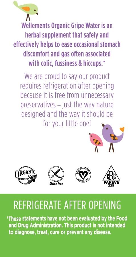 Wellements Organic Gripe Water, 4 Fl Oz, Eases Baby's Stomach Discomfort and Gas, Free From Dyes, Parabens, Preservatives: Health & Personal Care