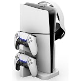 rtical Stand with Dual Controller Charger and LED Indicators for PlayStation 5 Slim Disc &amp; Digital Editions, Includes Headset Holder, Storage Accessory Stand, White