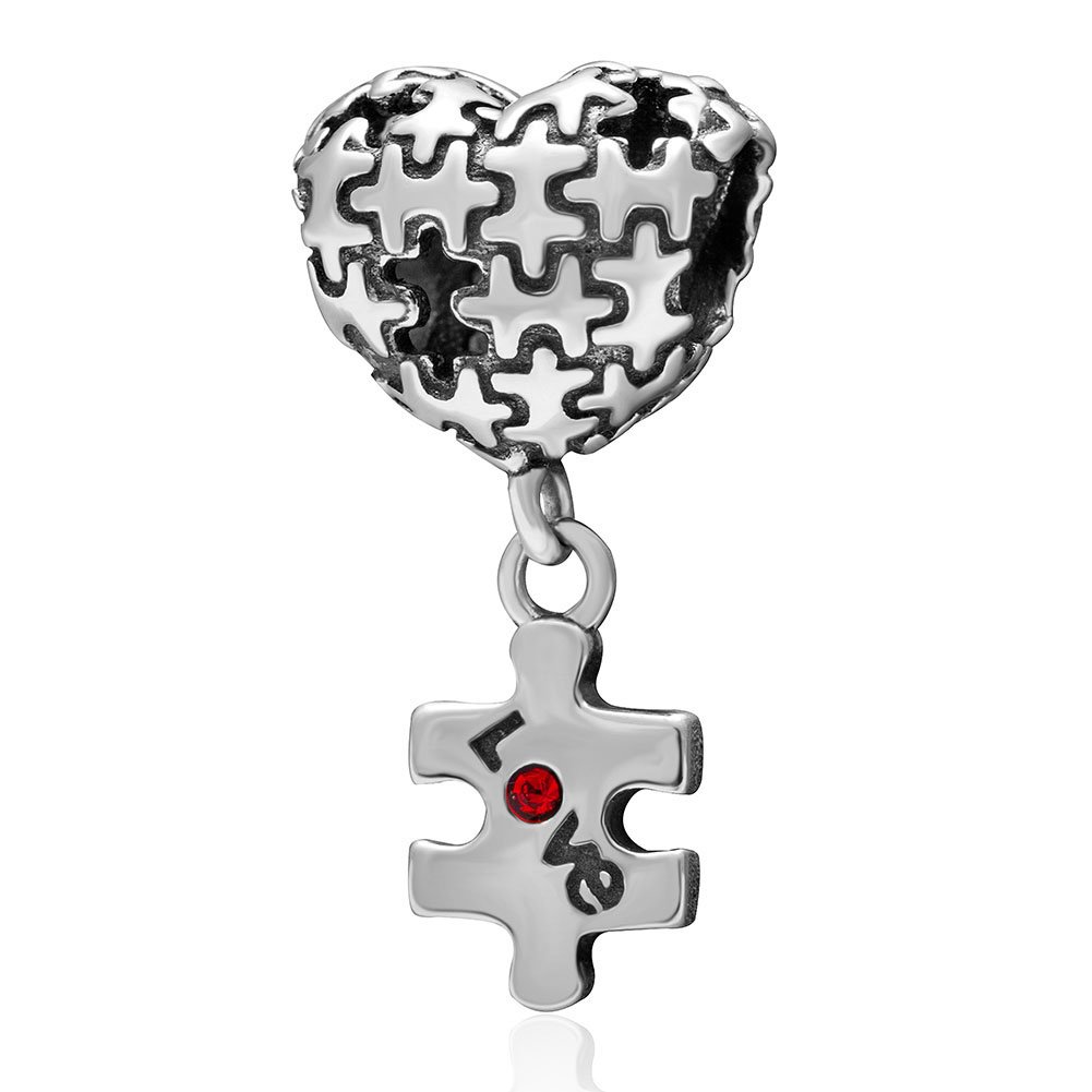 Puzzle Charm 925 Sterling Silver Heart Love Charm Red Crystal Charm Anniversary Charm for Pandora Bracelet