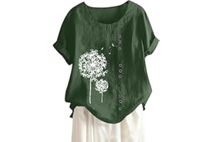 ROKIACDE Linen Shirt Women,Short Sleeve 2024 Summer Blouses Round Neck Boho Blouse Button Down T Shirt Floral Print Top