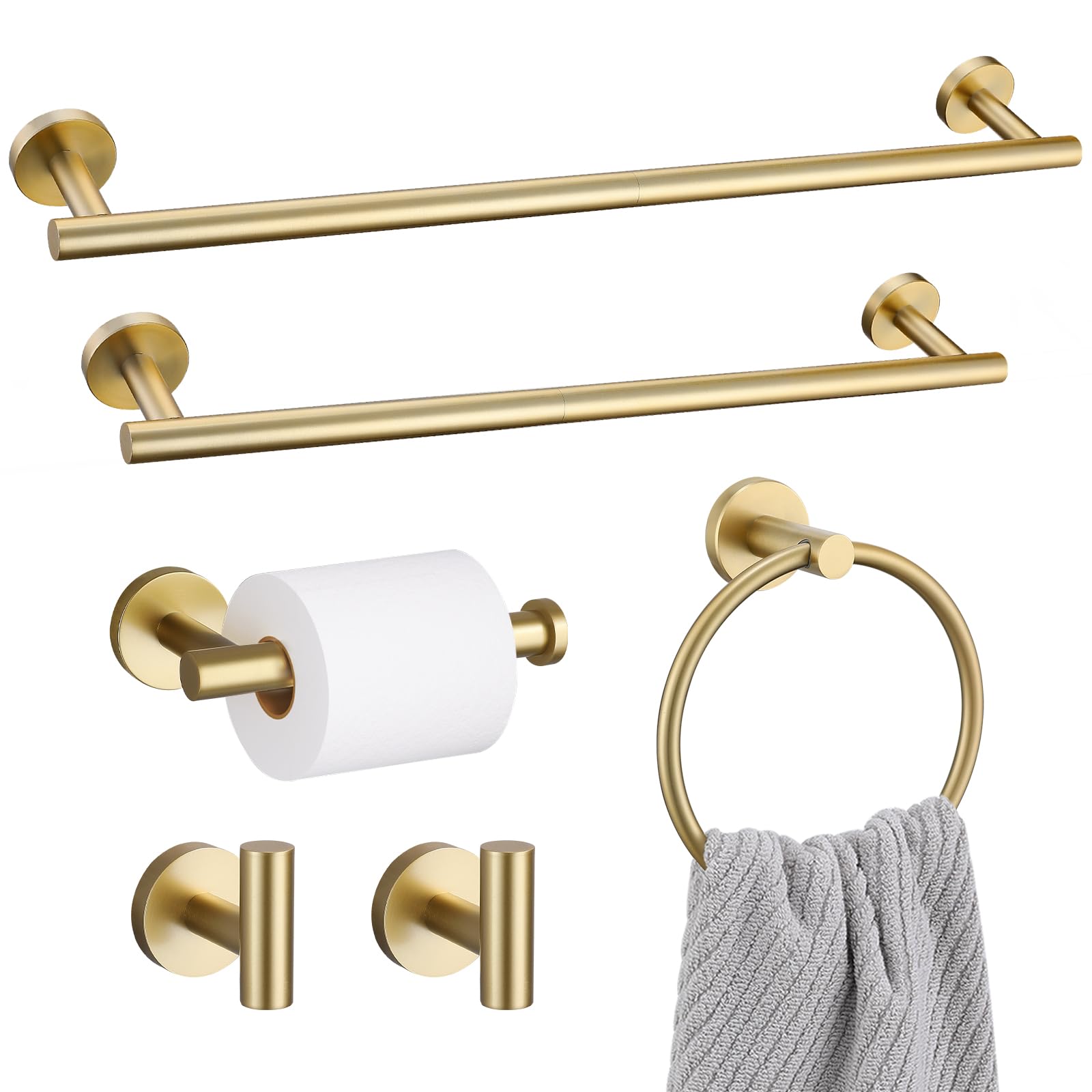 Photo 1 of 6 Pieces Brushed Gold Towel Bar Bathroom Hardware Set, 23.6Inch Brushed Gold Bathroom Accessories Towel Holder Set, SUS304 Stainless Steel Towel Racks for Bathroom