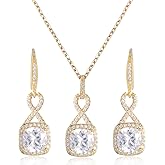 Cinmilada Crystal Jewelry Set for Women - Sterling Silver Princess Cut Square Cubic Zirconia CZ Bridal Pendant Necklace Earrings Set for Wedding Bride Bridesmaids Birthstone Fashion Jewelry Set