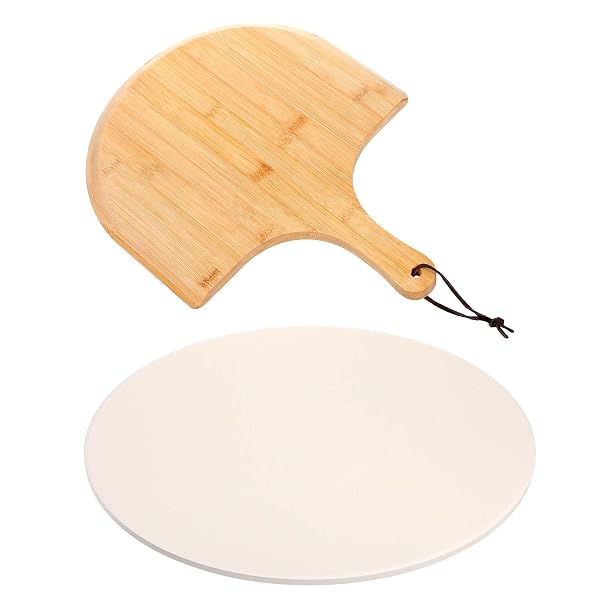 PIZZA STONES SET, HEAVY DUTY ROUND CORDIERITE BAKING STONE FOR BREAD, PIZZAS, THERMAL SHOCK RESISTANT COOKING STONE WITH BAMBOO PIZZA PEEL PADDLE FOR OVEN AND GRILL-12 INCHES (DIAMETER)