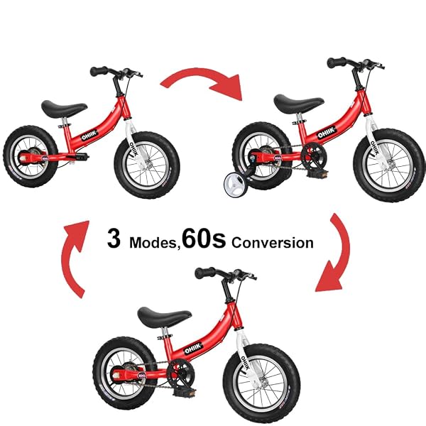 OHIIK BALANCE BIKE 2 IN 1 FOR KIDS 2 3 4 5 6 7 YEARS OLD,BALANCE TO PEDALS BIKE,12 14 16 INCH KIDS BIKE,WITH PEDAL KIT,TRAINING WHEELS,BRAKES (14 INCH, RED)