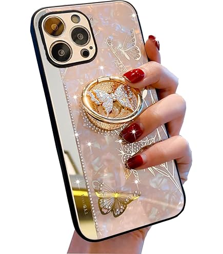 Omorro IPhone 13 Mini Hülle Für Frauen – Mit Make-up-Spiegel, Glitzer-Strass, Ringständer & Finger-Grip In Rose Gold