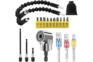 GALLIA Flexible Drill Bit Extension Set, Hex Shank 105°Right Angle Drill Attachment, 3pcs Drill Bit Holder Extension, 1/4 3/8 1/2" Universal Socket Adapter, Screwdriver Bit Kit