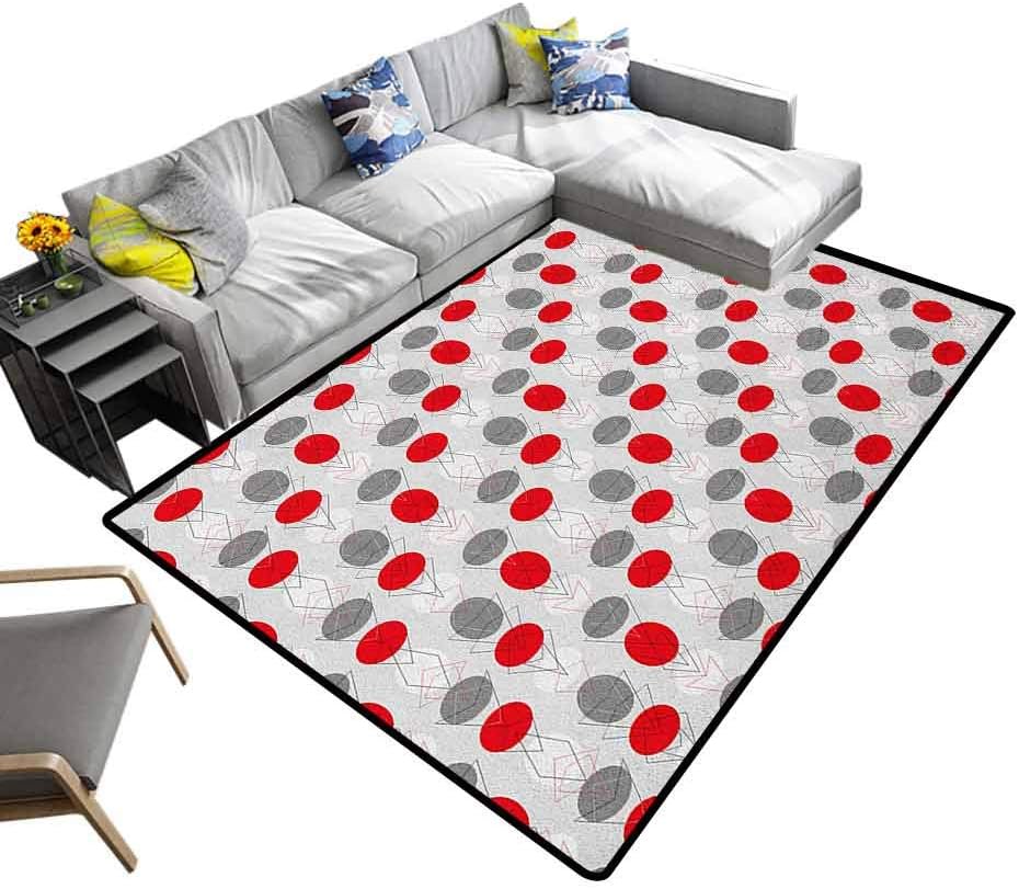 Anti-Skid Area Rug Mid Century, Geometric Area Rug Big Circular Spots and Oval Shapes Combined with The Figures of Geometry for Living Room/Bedroom Floor Grey Red White, 7 x 7 Feet