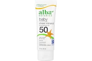 Alba Botanica Baby Sunscreen for Face and Body, Sheer Mineral Sunscreen Lotion, Broad Spectrum SPF 50, Water Resistant and Fragrance-Free, 3 Fl Oz (Packaging May Vary)