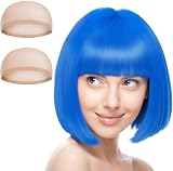 Aomig 3 Pack Short Light Blue Wigs Set with 2 Caps Synthetic Cosplay