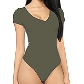MANGDIUP bodysuit for women Short Sleeve V-Neck Casual Stretchy Basic T Shirt Bodysuit