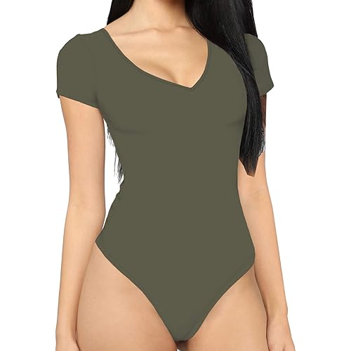 MANGDIUP Women's V Neck Short Tops Bodysuit Jumpsuit