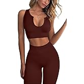 QINSEN Workout Outfits for Women 2 Piece Ribbed Seamless Crop Tank High Waist Yoga Leggings Sets