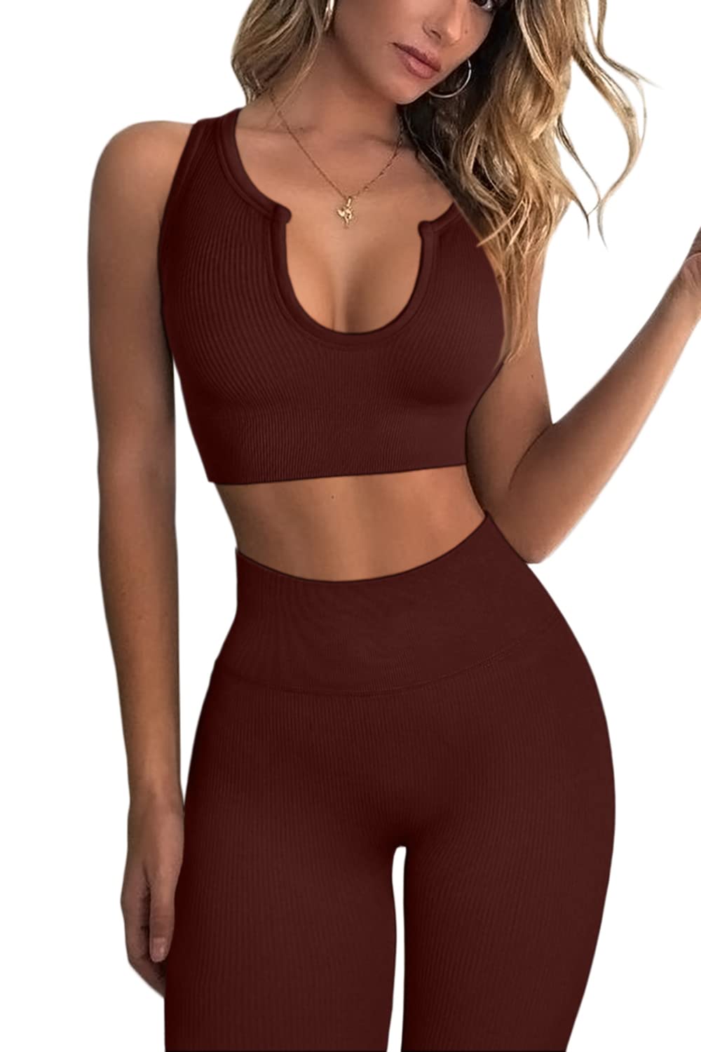 Photo 1 of QINSEN Stretchy Leggings Women Exercise Outfits 2 Pieces Yoga Sports Bra and Leggings Set 04 Coffee M