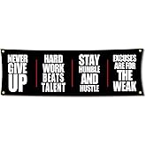 Motivational Gym Flag Banner - Never Give Up - 72x24 Inches Home & Garage Gym Wall Decor with 4 Brass Grommets for Easy Hanging