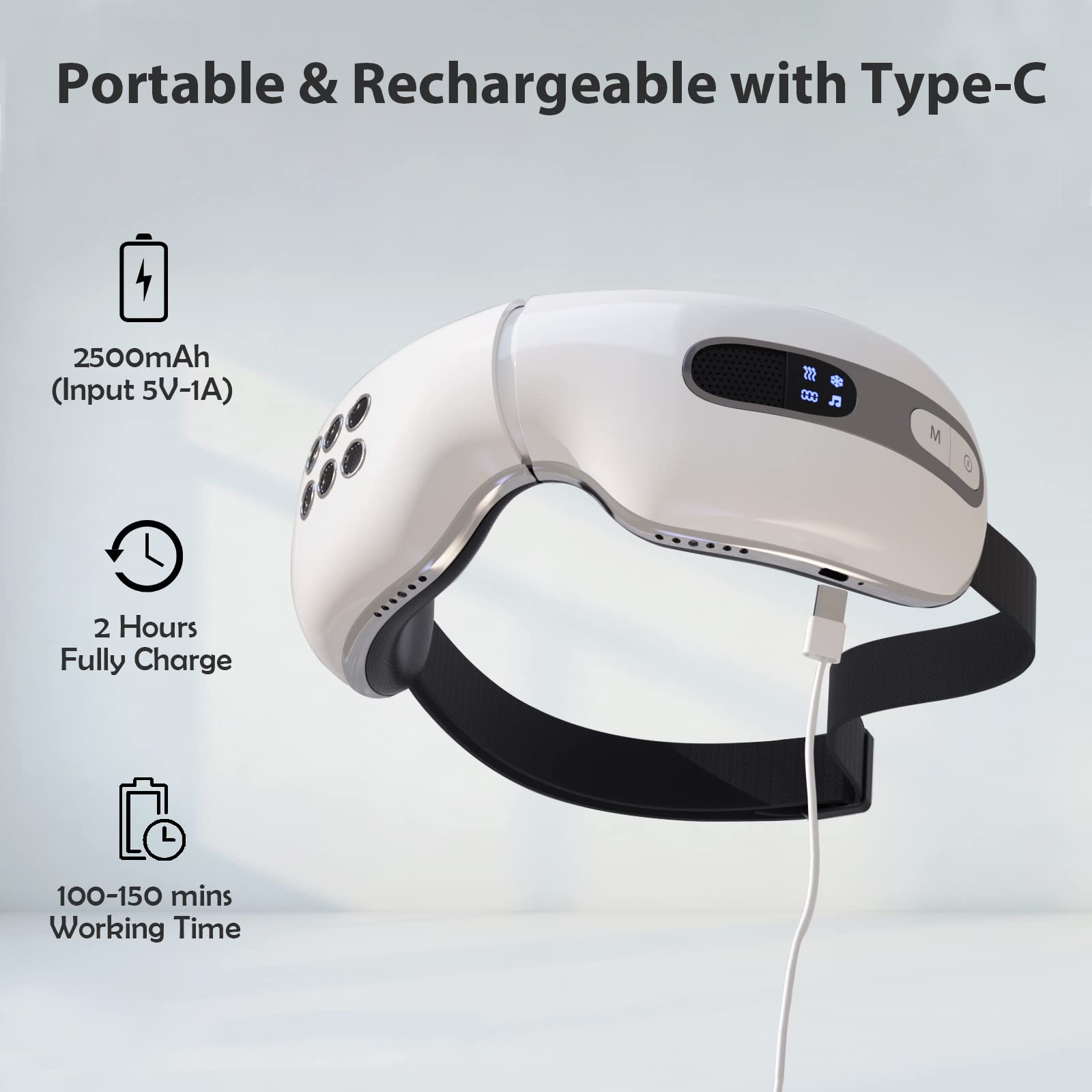 fmlave Eye Massager with Heat and Cooling for Migraines, Dry Eyes, Dark Circles, Rechargeable Bluetooth Music Cold Heated Eye Massager Improve Sleeping - Gifts for Women and Men (White)